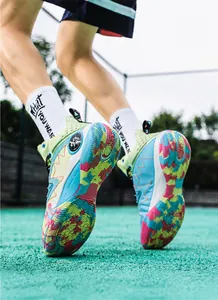 Close-up of high-top basketball shoes with thick cushioning sole and anti-slip texture