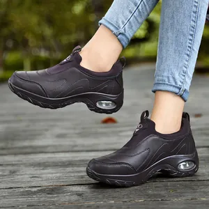 Women's breathable air cushion sneakers in dark purple leather for casual walking outdoors