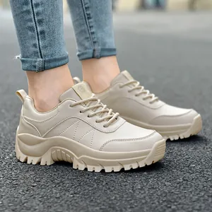Beige platform hiking shoes with thick rubber soles and stylish multilayered synthetic leather