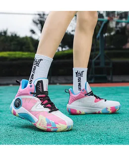 On-court side view of high-top basketball shoes with colorful leather paneling