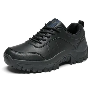 Black leather hiking shoes for men and women with chunky non-slip rubber soles