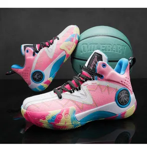Detail of high-top basketball shoes with pink mesh, tie-dye accents, and fashion embroidery