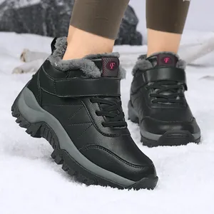 Bottes de Neige d'Hiver Cuir Microfibre Imperméable Antidérapant Bottes de Randonnée Doublées Peluche Chaussures Chaudes Velcro
