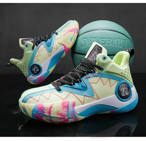 Detail of high-top sneaker with colorful panels, zigzag stitching, and 23 badge