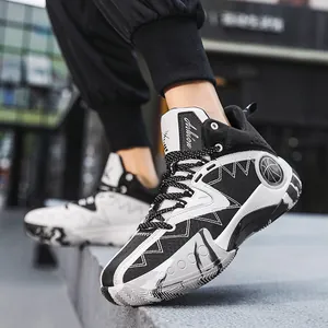 High-top black and white urban sneakers with marble pattern sole and breathable mesh