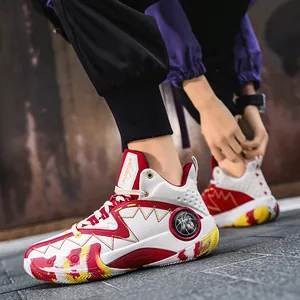 High-top basketball sneakers in red, white and yellow leather with fashion logo