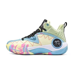Chunky mixed-color high-top sneakers in blue and yellow with stylish 73 number patch