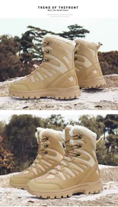 Close-up of khaki winter snow boots with warm faux fur lining and durable rubber sole