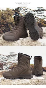 Detailed view of the deep tread rubber sole and brown suede upper of the winter boot