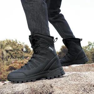 Men's black waterproof snow boots with high-top fleece lining and rugged rubber sole