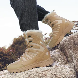 Men's khaki waterproof snow boots with thick thermal lining and anti-slip rubber sole