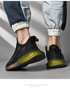 Detail of breathable mesh running shoe with a unique yellow honeycomb translucent sole