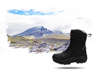Macro detail of high-top tactical boots featuring thick non-slip soles and durable leather
