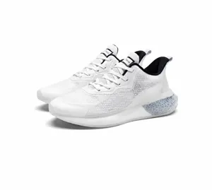 Detailed macro view of breathable mesh material and blue honeycomb pattern on white sneakers