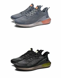 Close-up of breathable mesh running shoes with translucent cushioning soles in two colors