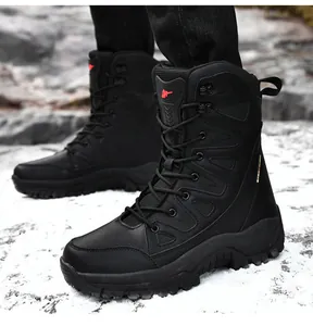 Detail of black tactical boots with reinforced toe and non-slip rubber soles for snow