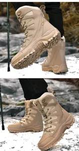 Detailed view of khaki tactical boots with reinforced ankle and non-slip rubber soles