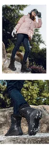 Detail of durable black outdoor boots with non-slip sole for winter trekking and hiking