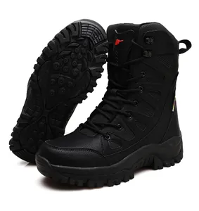 Detail view of black high-top tactical boots showing durable rubber soles and leather mesh