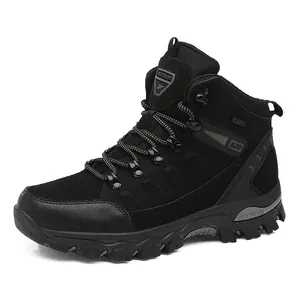 High-top outdoor hiking boots in black nubuck with durable non-slip rubber soles