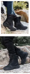 Detail of high-top winter desert boots featuring warm black plush lining and metal eyelets
