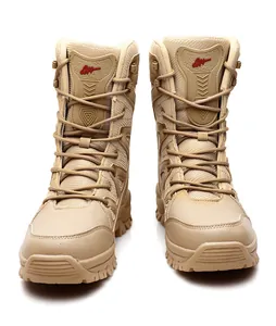 Close-up of tactical desert boots with durable mesh fabric and high-top lace-up design