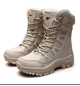 Macro shot of durable beige tactical boots showing high-top ankle support and mesh texture
