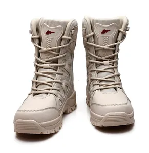 Detail of high-top tactical boots with beige synthetic leather and non-slip rubber soles