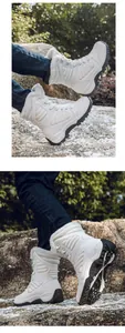Detail view of the warm faux fur lining and non-slip rubber sole of white hiking boots