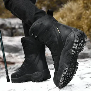 Durable black high-top tactical combat boots for outdoor hiking in snow and wilderness