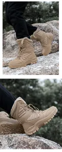 Detailed view of khaki outdoor boots with thick fleece lining and rugged anti-slip rubber soles