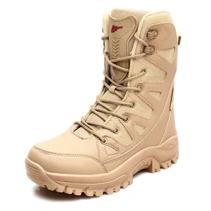 Durable desert khaki tactical combat boots with high-top design and rubber sole