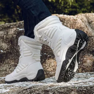 Waterproof high-top white hiking boots with warm fleece lining and anti-slip rubber soles