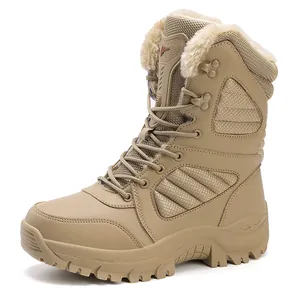Men's tan tactical desert boots with warm faux fur lining and durable rubber sole