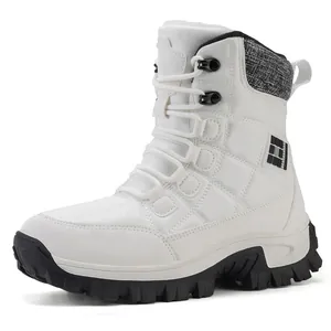 Waterproof white high-top snow boots with thickened anti-slip rubber soles and quilted design