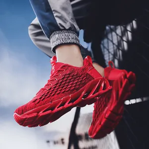 Red breathable knit running shoes for men with hollow blade sole for outdoor sports