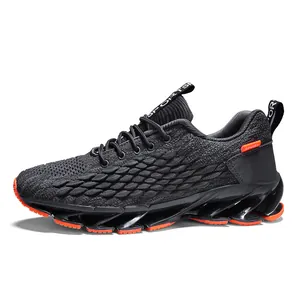 Men's breathable black mesh running shoes with orange blade shock-absorbing soles