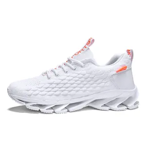 White breathable mesh running sneakers with hollow shock-absorbing soles and orange accents