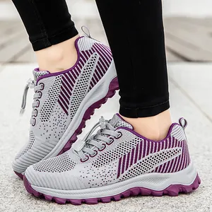 Grey and purple breathable mesh walking shoes with shock-absorbing soles for seniors