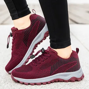 Burgundy breathable knit walking shoe for seniors with elastic quick-lace and non-slip sole