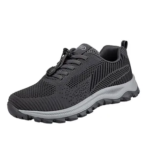 Dark grey breathable mesh walking shoes with quick-lace system and anti-slip thick rubber sole
