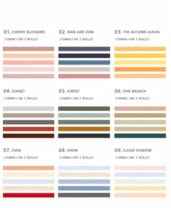 Detailed color swatches of 5-roll washi tape sets in nine distinct aesthetic themes