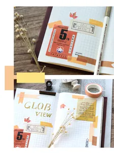 Close-up of vintage travel stickers and washi tapes on a notebook with retro motifs
