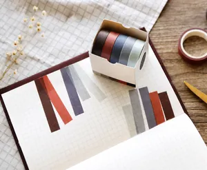 Macro shot of sunset series 10mm washi tape set on grid paper with wooden background