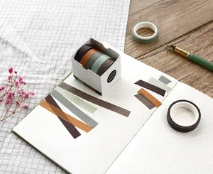 Detail of Forest themed washi tape set applied on grid notebook for DIY journaling