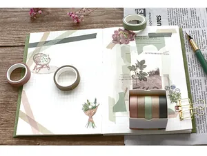 Morandi washi tape set on vintage desk showing decorative collage on planner