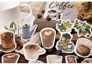 Artistic macro shot of coffee themed hand-drawn stickers for journals and scrapbooks