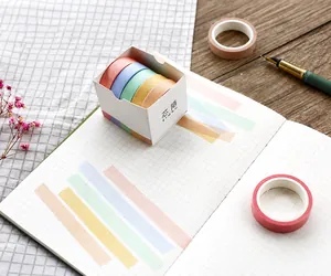 Detail showing 5 rolls of 10mm pastel washi tape applied on a grid notebook paper