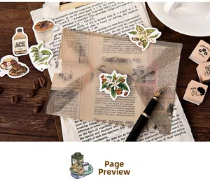 Inner page preview of vintage coffee stickers and translucent envelopes on wood