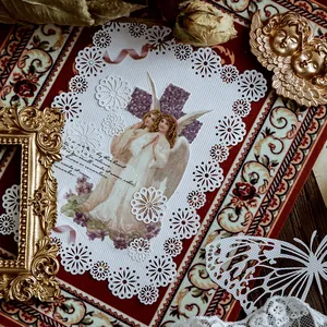 Lace cutout decorative paper with retro angel prints for DIY journaling and scrapbooking